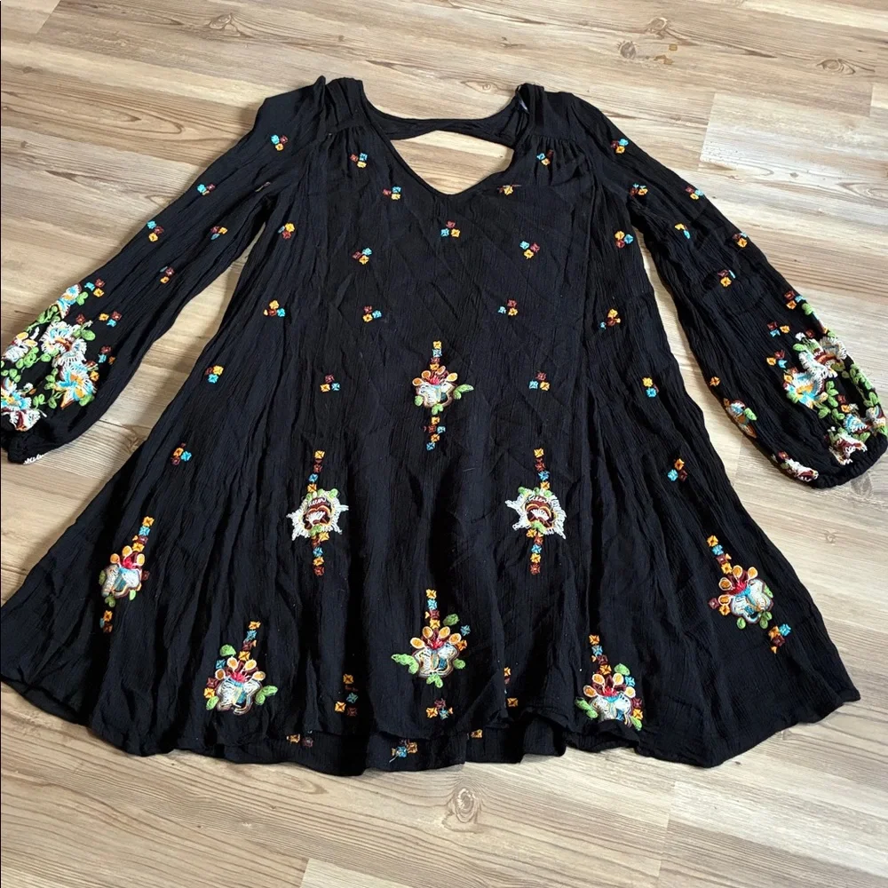 Free People Black Long Sleeve Embroidered Mini Dress